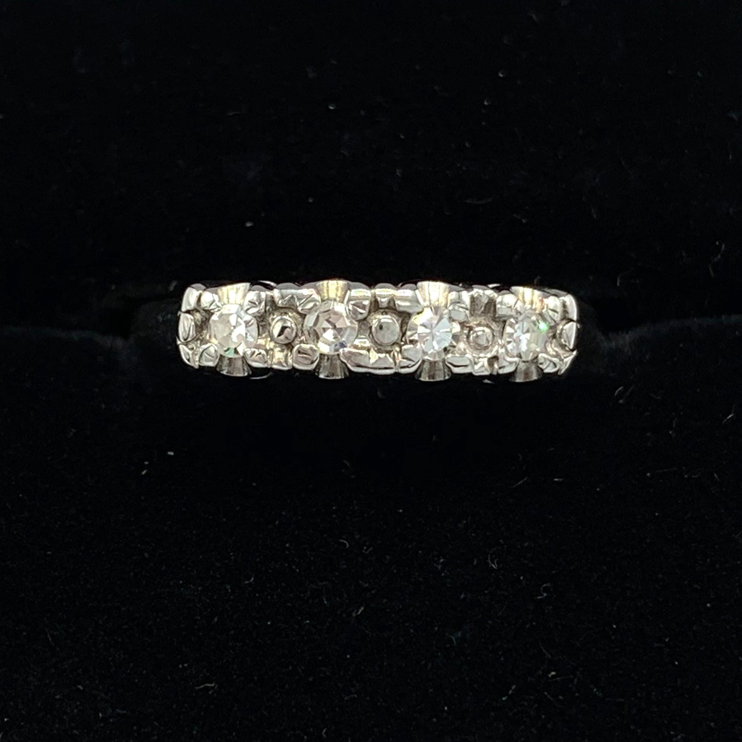 14K White Gold Vintage Wedding Band with 4 Single Cut Diamonds