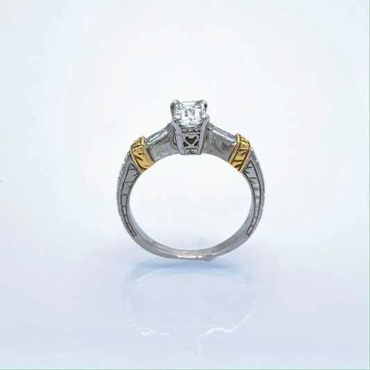 Platinum Wedding Ring with 18K Yellow Gold Stripes and Emerald Cut Diamond with Baguettes