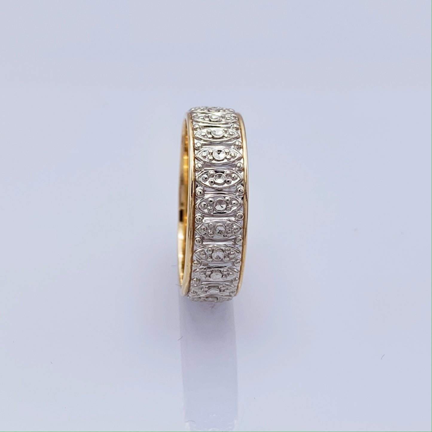 14K White and Yellow Gold 6.5 mm Art Carved Wedding Band