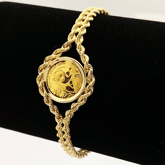 14K Yellow Gold 5 Chinese Yuan Panda Coin Double Rope Bracelet