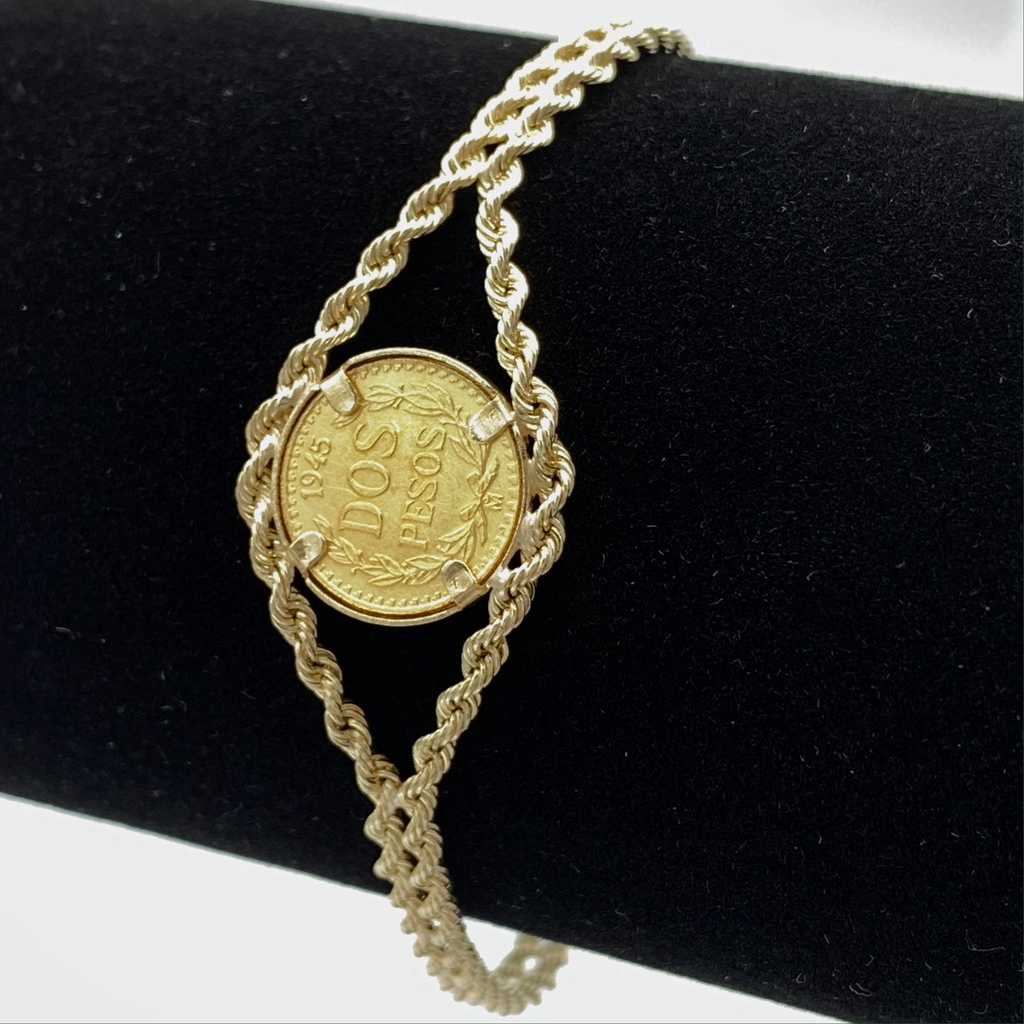 14K Yellow Gold Mexican Dos Pesos Coin Double Rope Bracelet