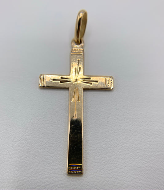 Medium 14K Gold Cross with Starburst Design Pendant