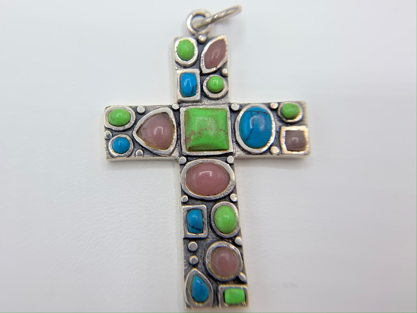 Sterling Silver Cross with Turquoise Stones Necklace Pendant