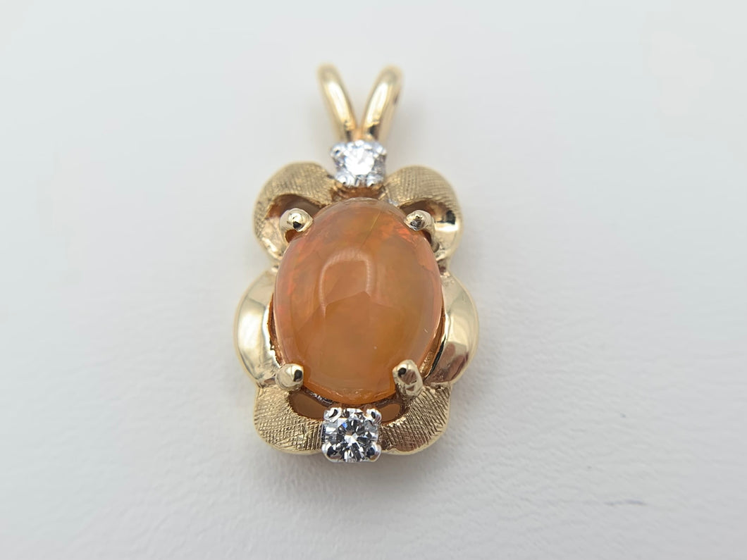14K Yellow Gold Mexican Fire Opal with Two Small Single Cut Diamonds