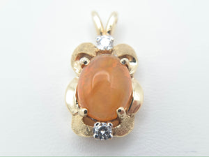 14K Yellow Gold Mexican Fire Opal with Two Small Single Cut Diamonds