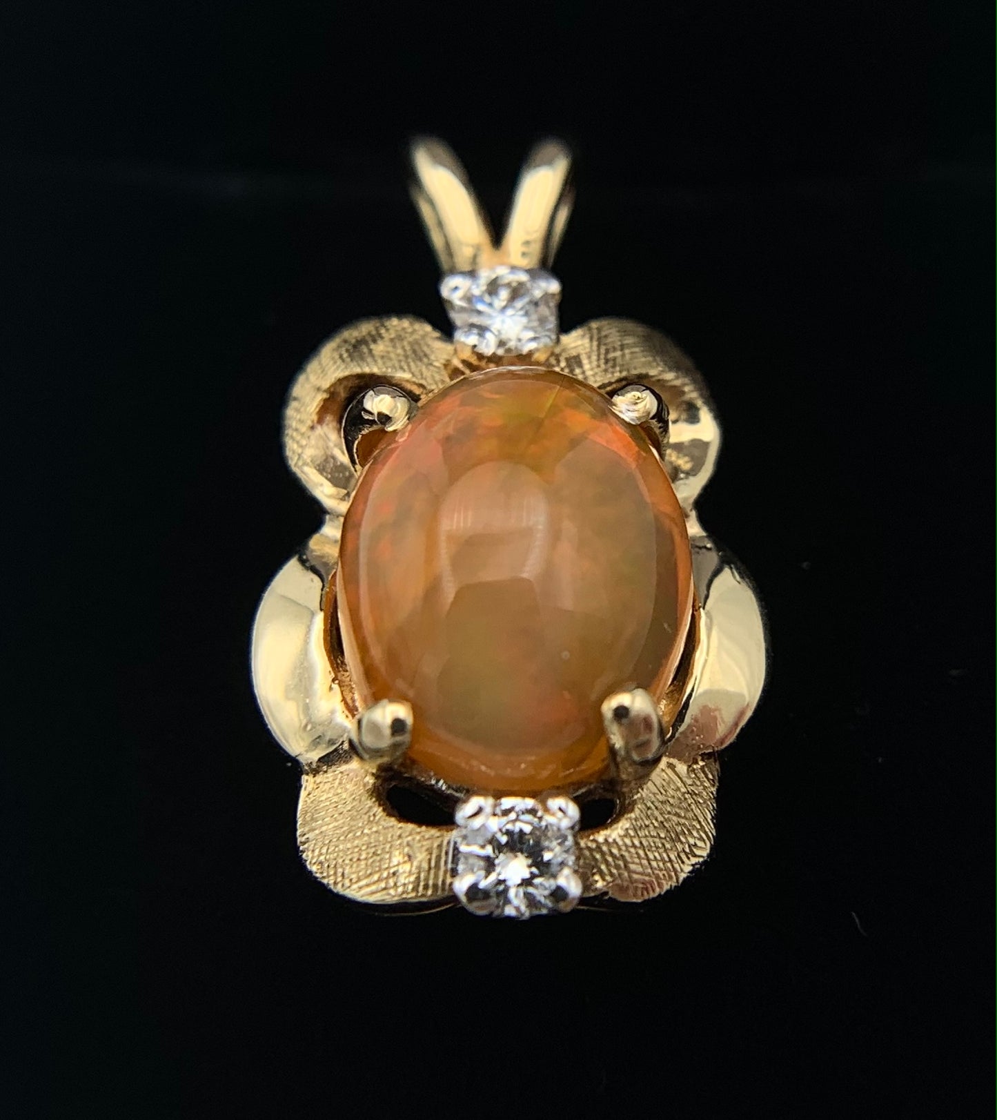 14K Yellow Gold Mexican Fire Opal with Two Small Single Cut Diamonds