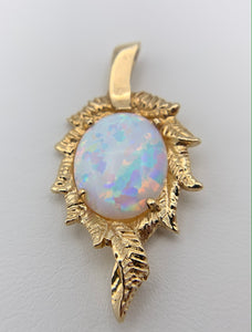 14K Yellow Gold Art Deco Lab Created Opal Necklace Pendant