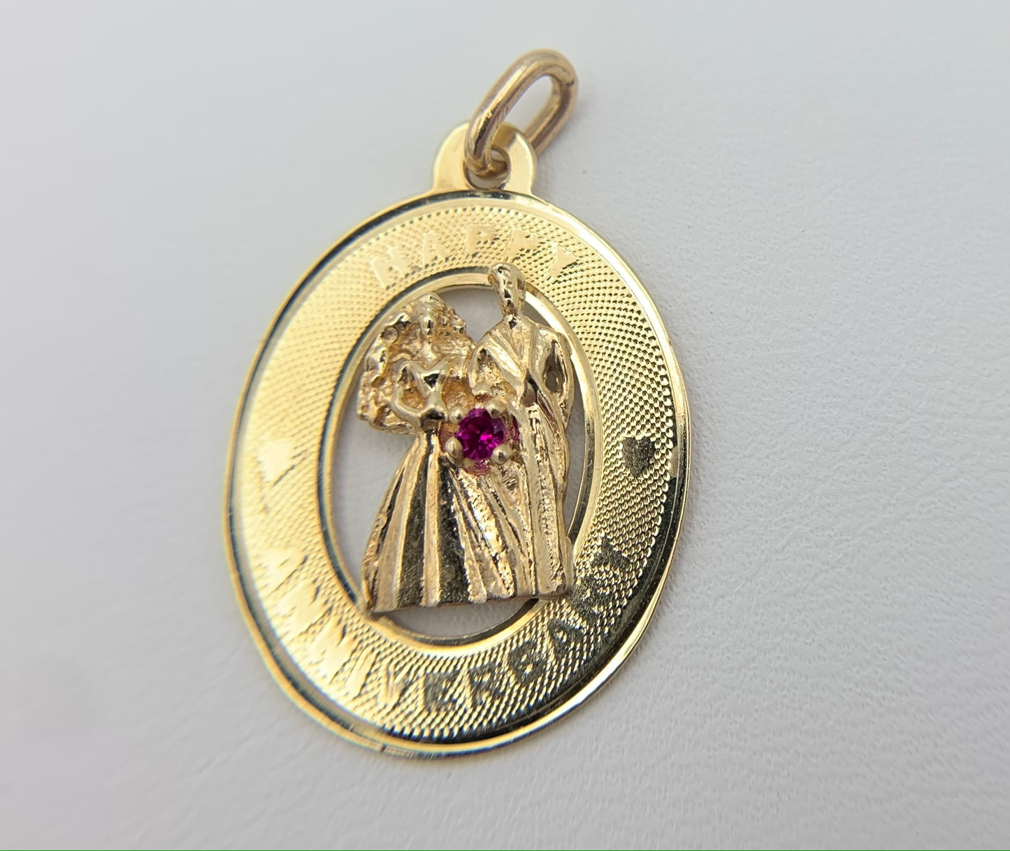 14K Yellow Gold Happy Anniversary Pendant with Ruby