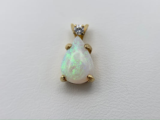 Estate 14K Yellow Gold Pear Shape Australian Opal with Diamond Necklace Pendant