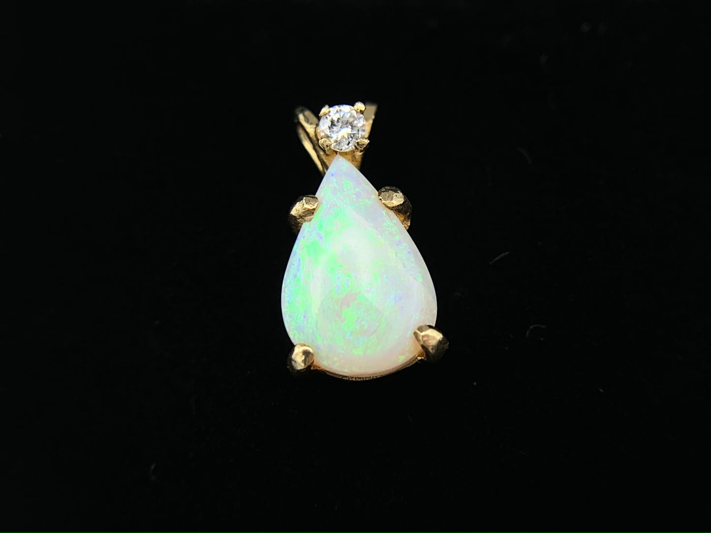 Estate 14K Yellow Gold Pear Shape Australian Opal with Diamond Necklace Pendant