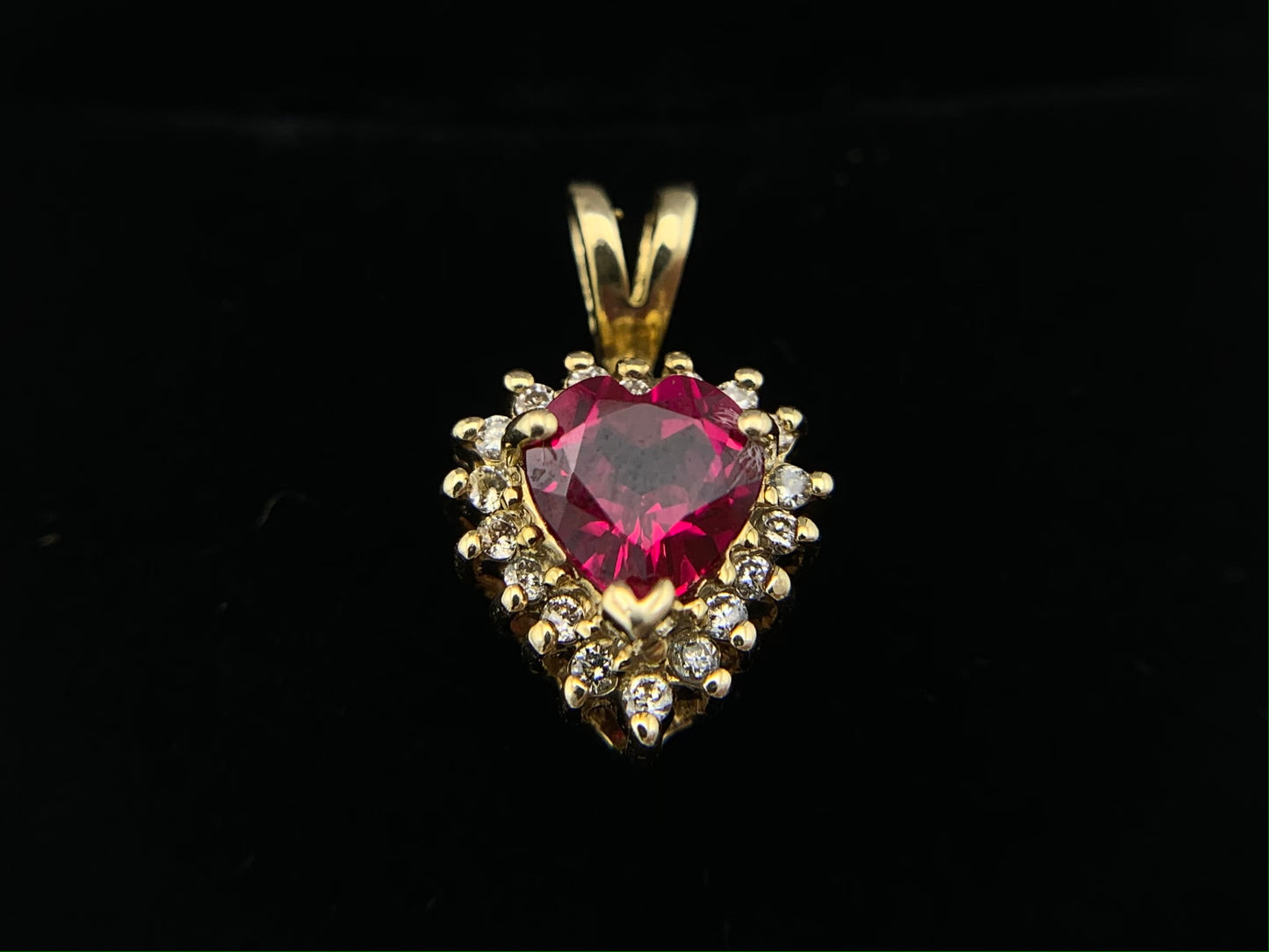 14K Yellow Gold Synthetic Ruby Heart with Diamonds Necklace Pendant