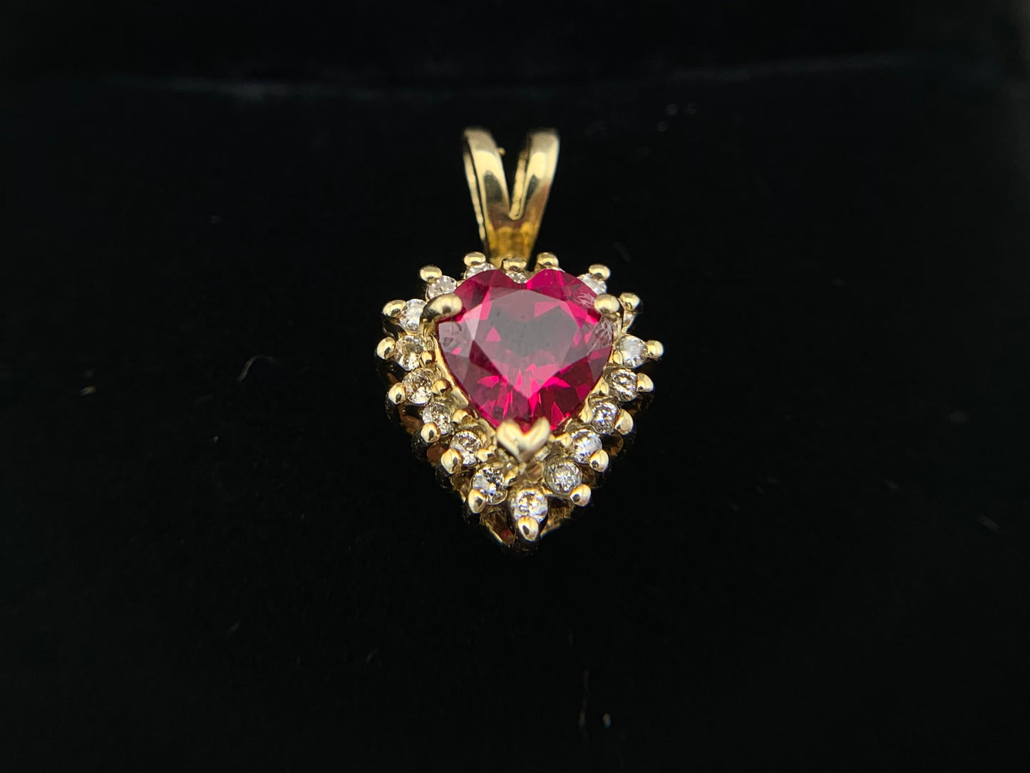 14K Yellow Gold Synthetic Ruby Heart with Diamonds Necklace Pendant