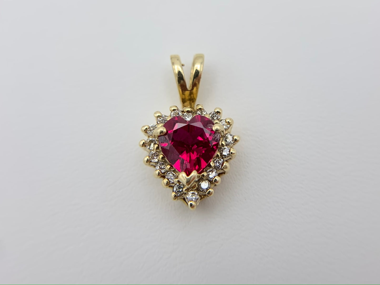 14K Yellow Gold Synthetic Ruby Heart with Diamonds Necklace Pendant