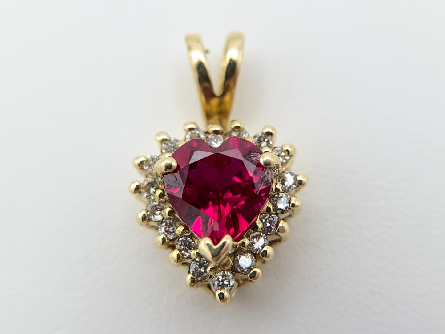 14K Yellow Gold Synthetic Ruby Heart with Diamonds Necklace Pendant