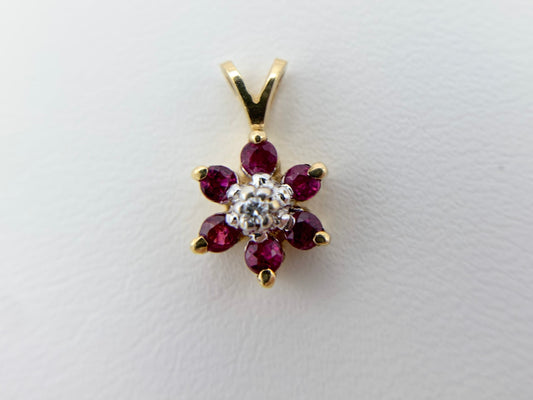 14K Yellow Gold Diamond and Ruby Cluster Necklace Pendant