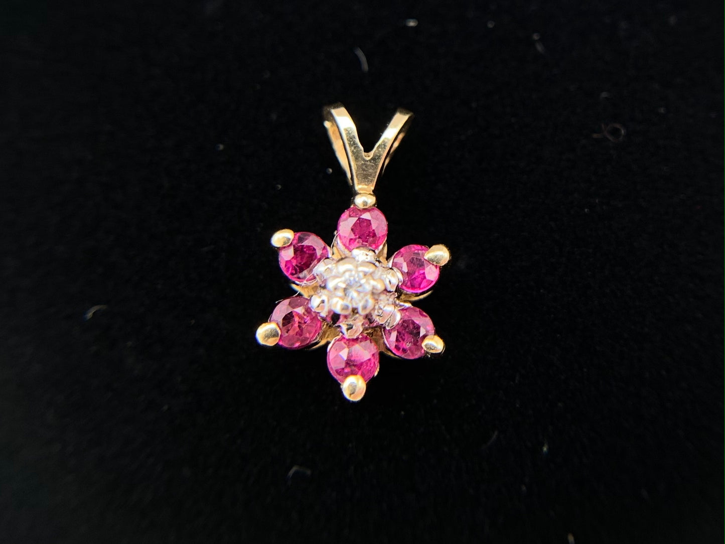 14K Yellow Gold Diamond and Ruby Cluster Necklace Pendant