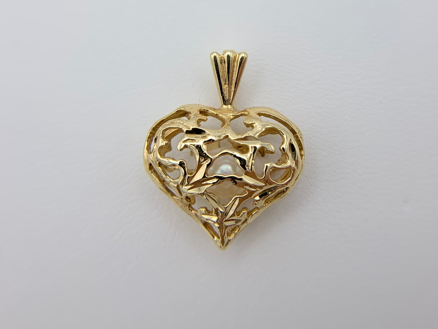 14K Yellow Gold Carved Heart with Floating Pearl Pendant