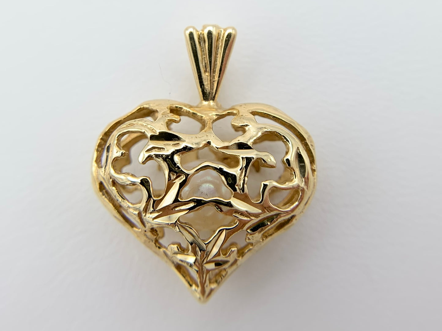 14K Yellow Gold Carved Heart with Floating Pearl Pendant