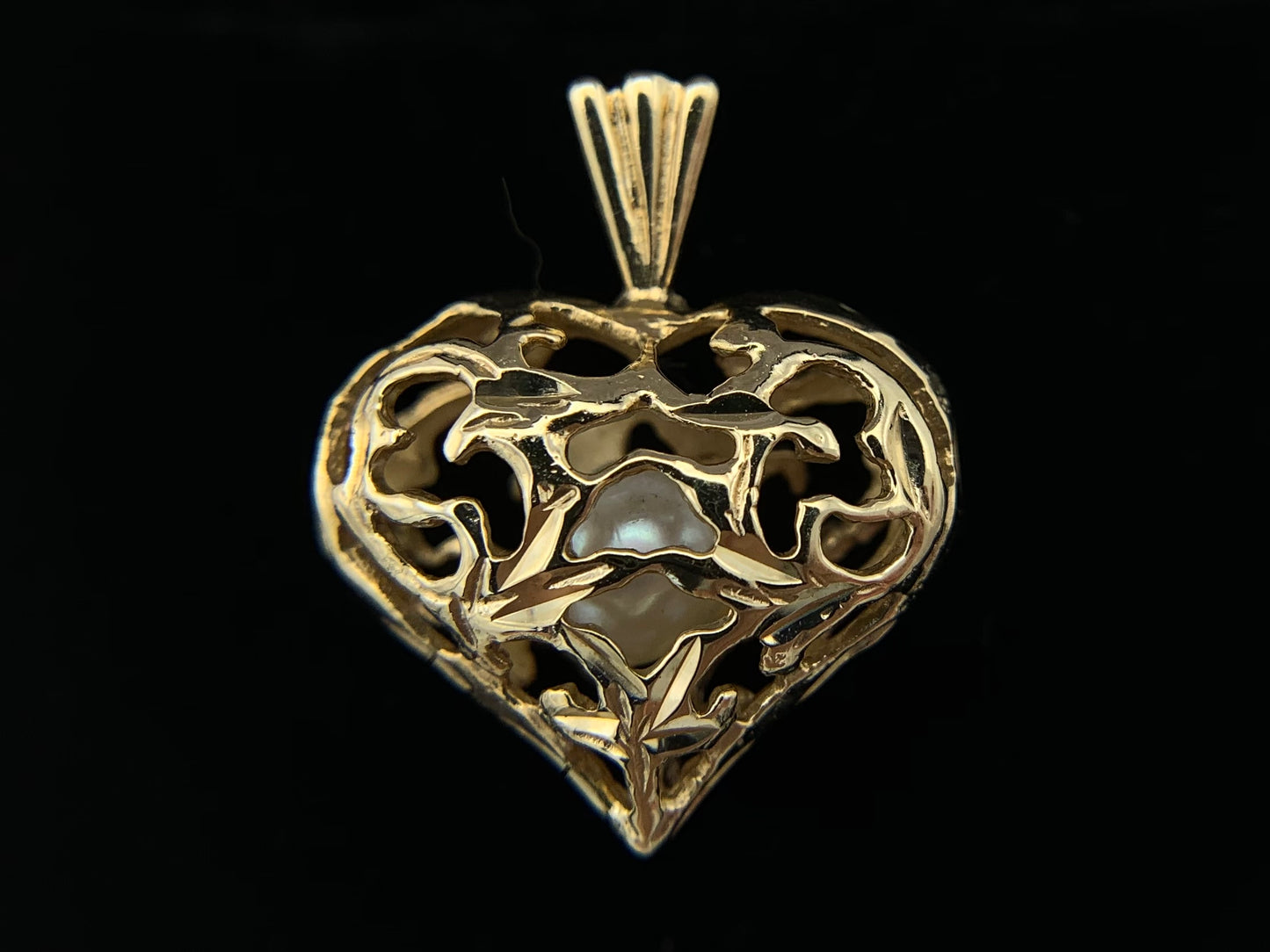 14K Yellow Gold Carved Heart with Floating Pearl Pendant