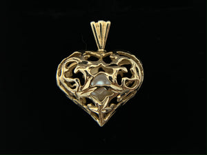 14K Yellow Gold Carved Heart with Floating Pearl Pendant