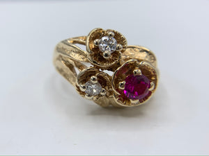14K Yellow Gold Synthetic Ruby and Diamond Ring