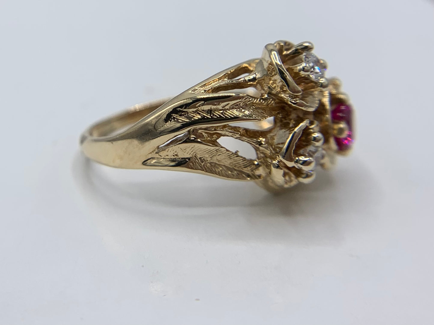 14K Yellow Gold Synthetic Ruby and Diamond Ring