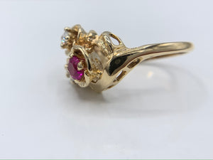 14K Yellow Gold Synthetic Ruby and Diamond Ring