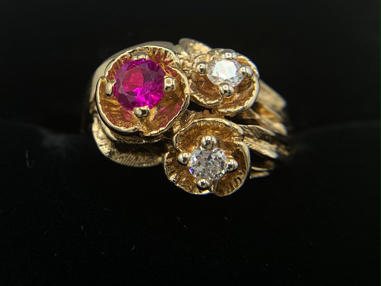 14K Yellow Gold Synthetic Ruby and Diamond Ring