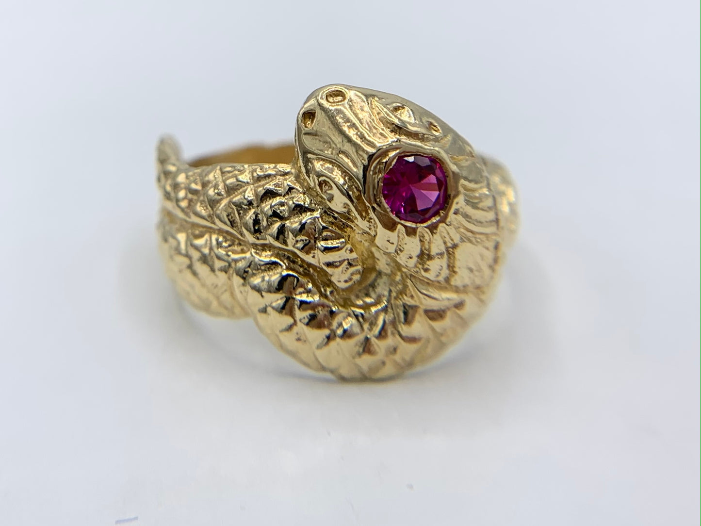 14K Yellow Gold Snake Ring with Synthetic Ruby