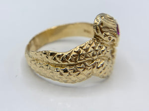 14K Yellow Gold Snake Ring with Synthetic Ruby