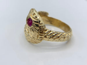 14K Yellow Gold Snake Ring with Synthetic Ruby