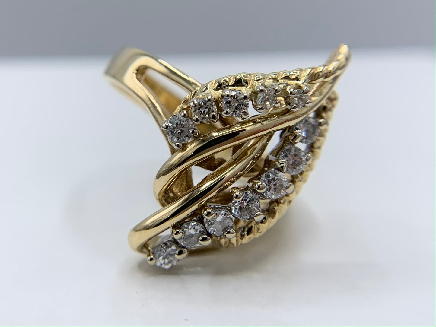 14K Yellow Gold Art Deco Free Form Ring with 12 Diamonds