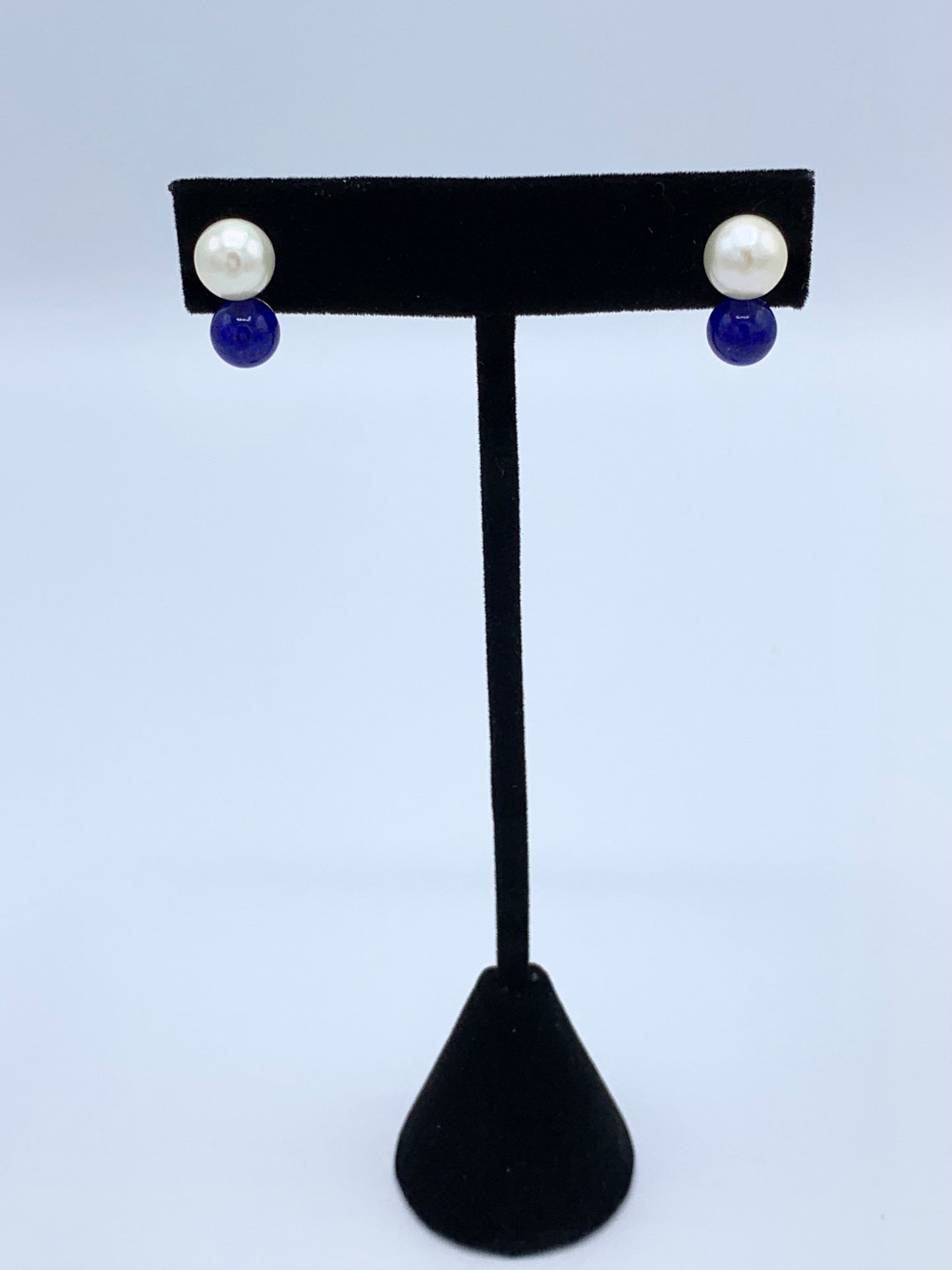 White Pearl and Lapis Stacked Earrings