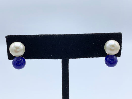 White Pearl and Lapis Stacked Earrings