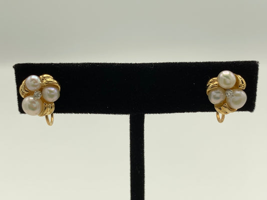 14K Yellow Gold Three White Pearl Cluster with Small Diamond Earrings