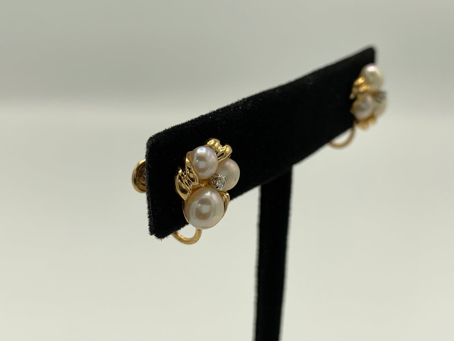 14K Yellow Gold Three White Pearl Cluster with Small Diamond Earrings