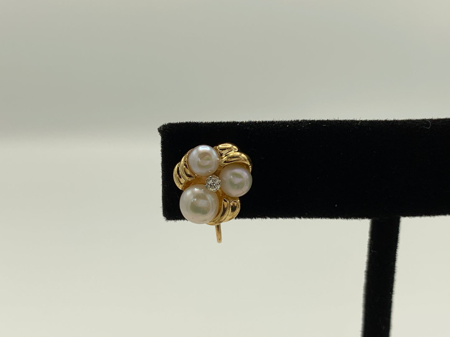 14K Yellow Gold Three White Pearl Cluster with Small Diamond Earrings