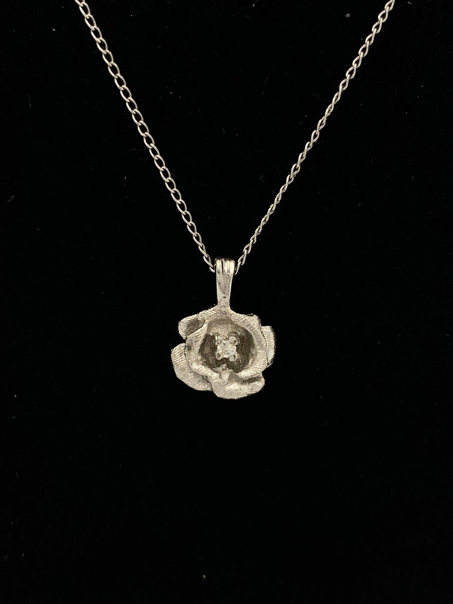 Estate 14K White Gold Diamond Rose Pendant