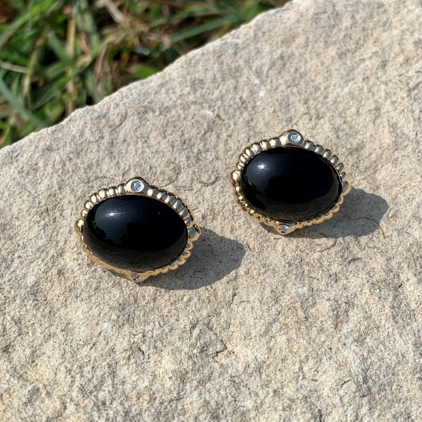 14K Yellow Gold Genuine Black Onyx Earrings