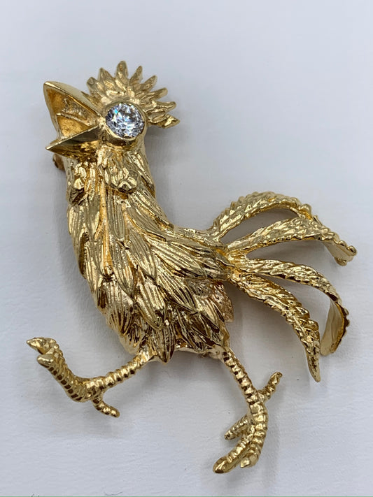 Estate 14K Yellow Gold Diamond Rooster Pin