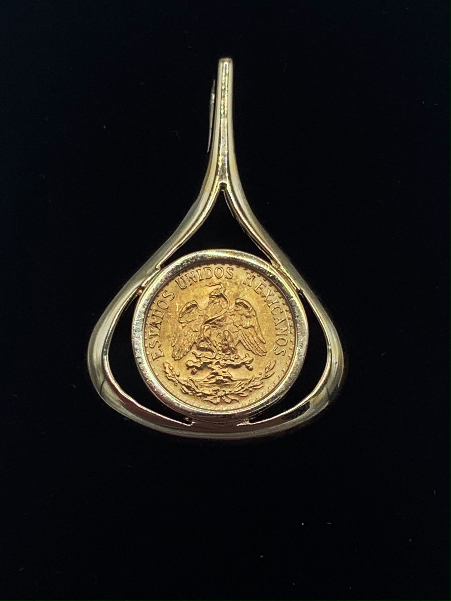 Mexican Dos Peso Coin Pendant with 14K Yellow Gold Frame