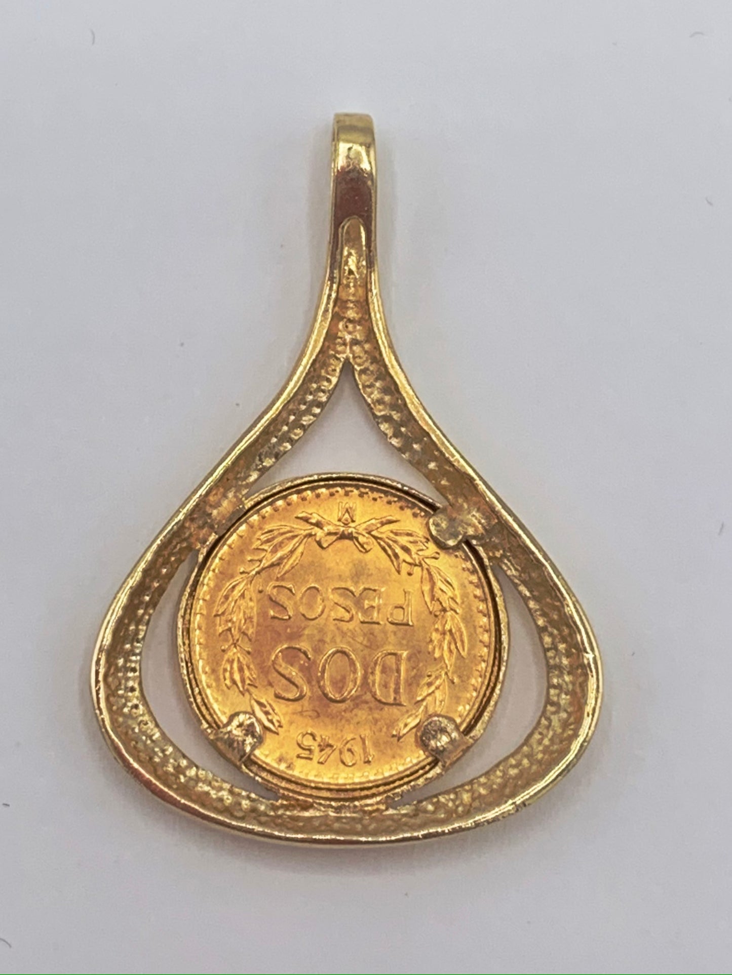 Mexican Dos Peso Coin Pendant with 14K Yellow Gold Frame