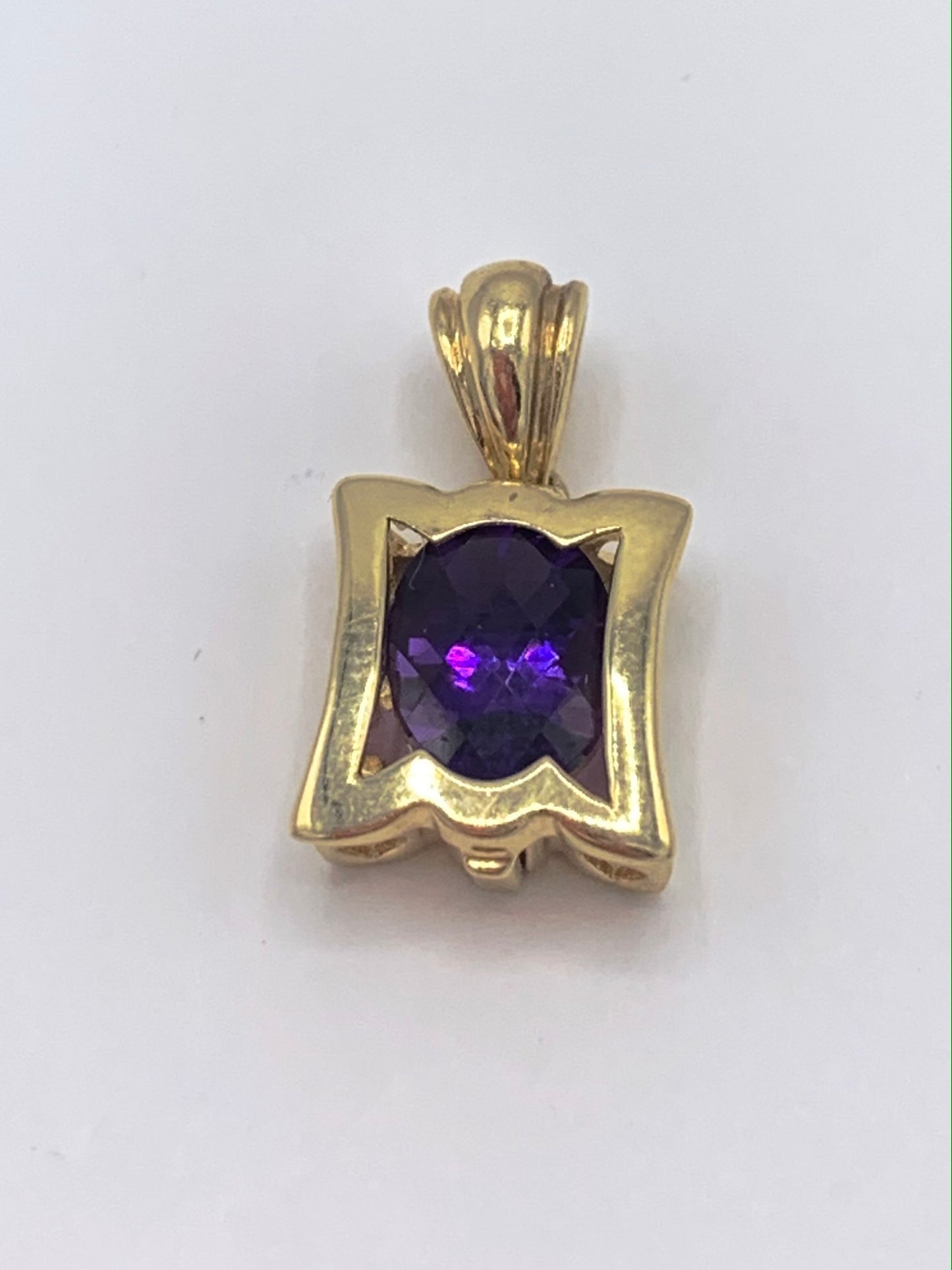 14K Yellow Gold Shadow Box Pendant with Checkboard Cut Genuine Amethyst