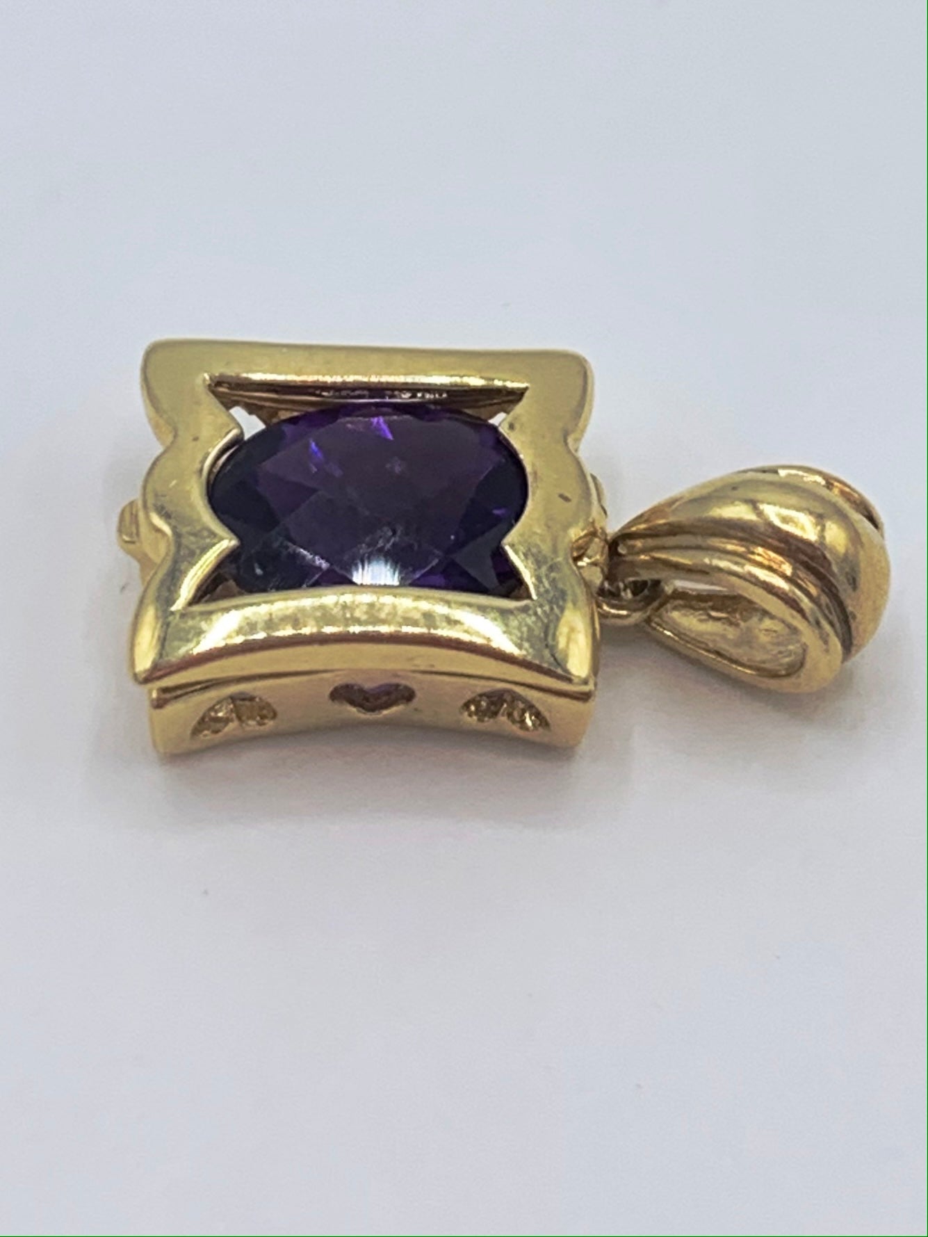 14K Yellow Gold Shadow Box Pendant with Checkboard Cut Genuine Amethyst