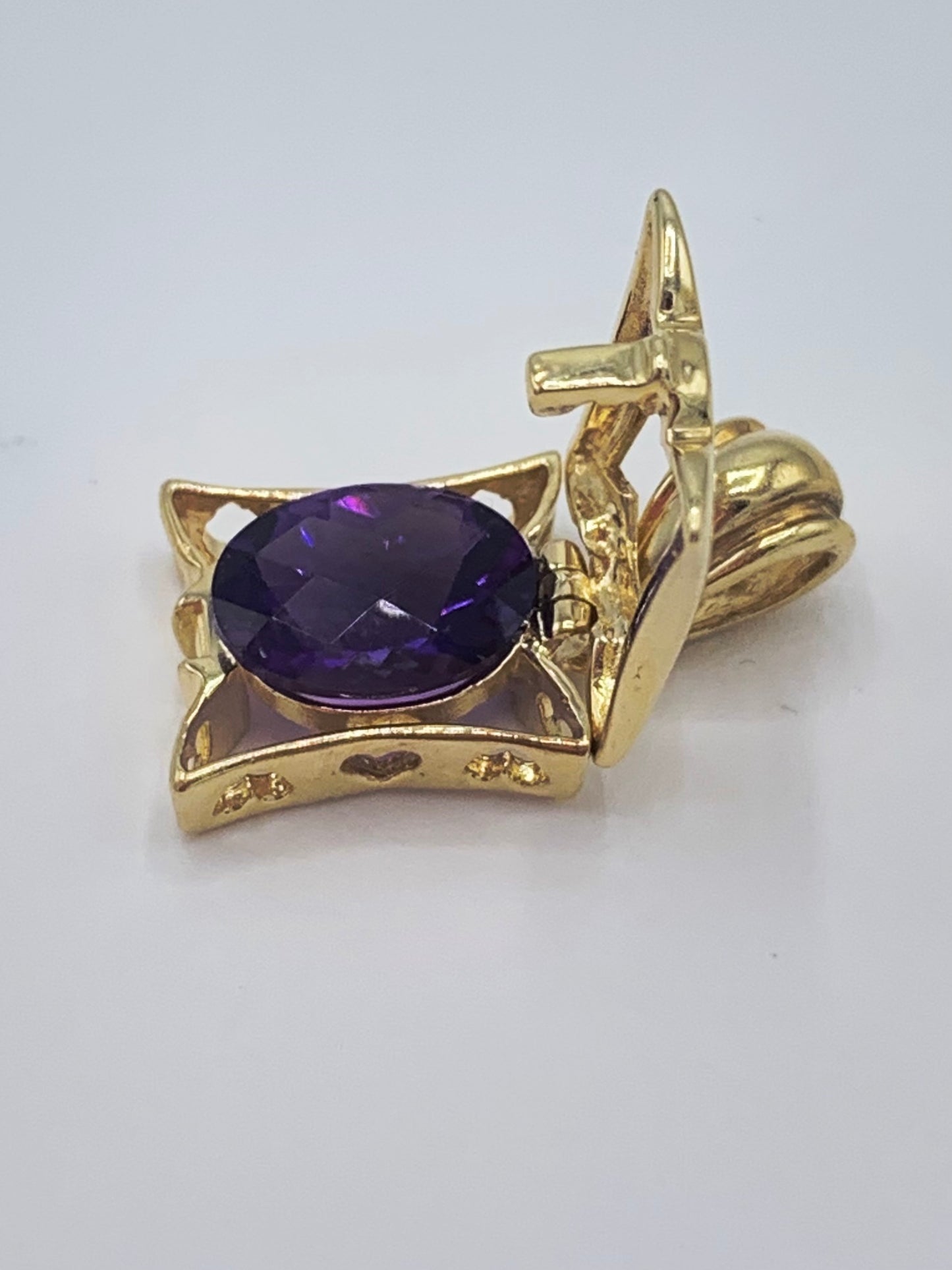 14K Yellow Gold Shadow Box Pendant with Checkboard Cut Genuine Amethyst