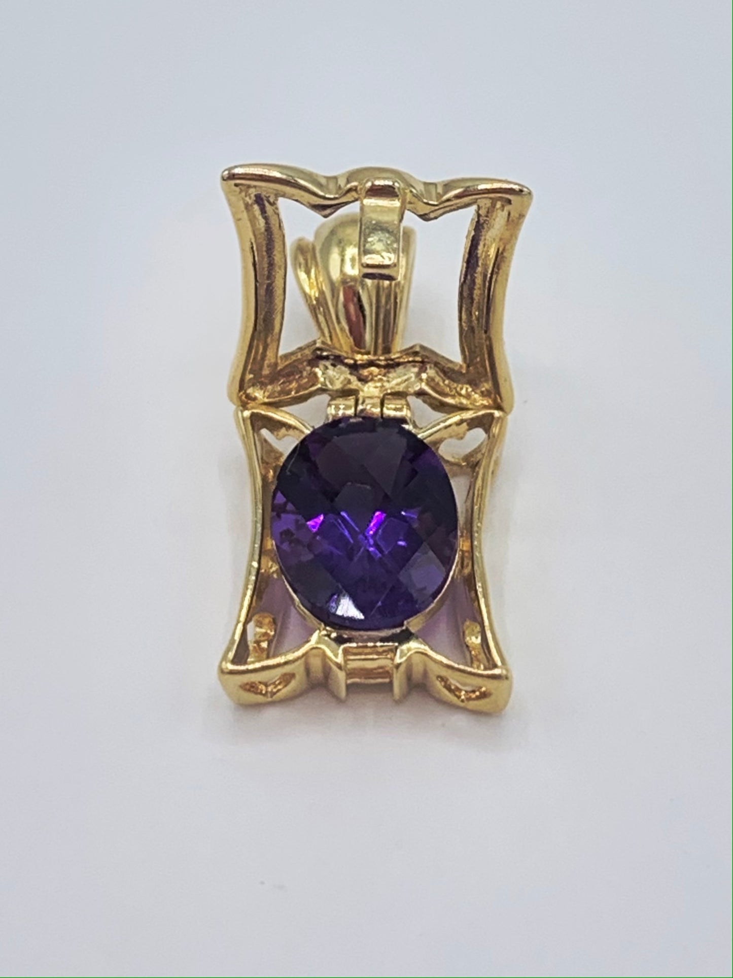 14K Yellow Gold Shadow Box Pendant with Checkboard Cut Genuine Amethyst