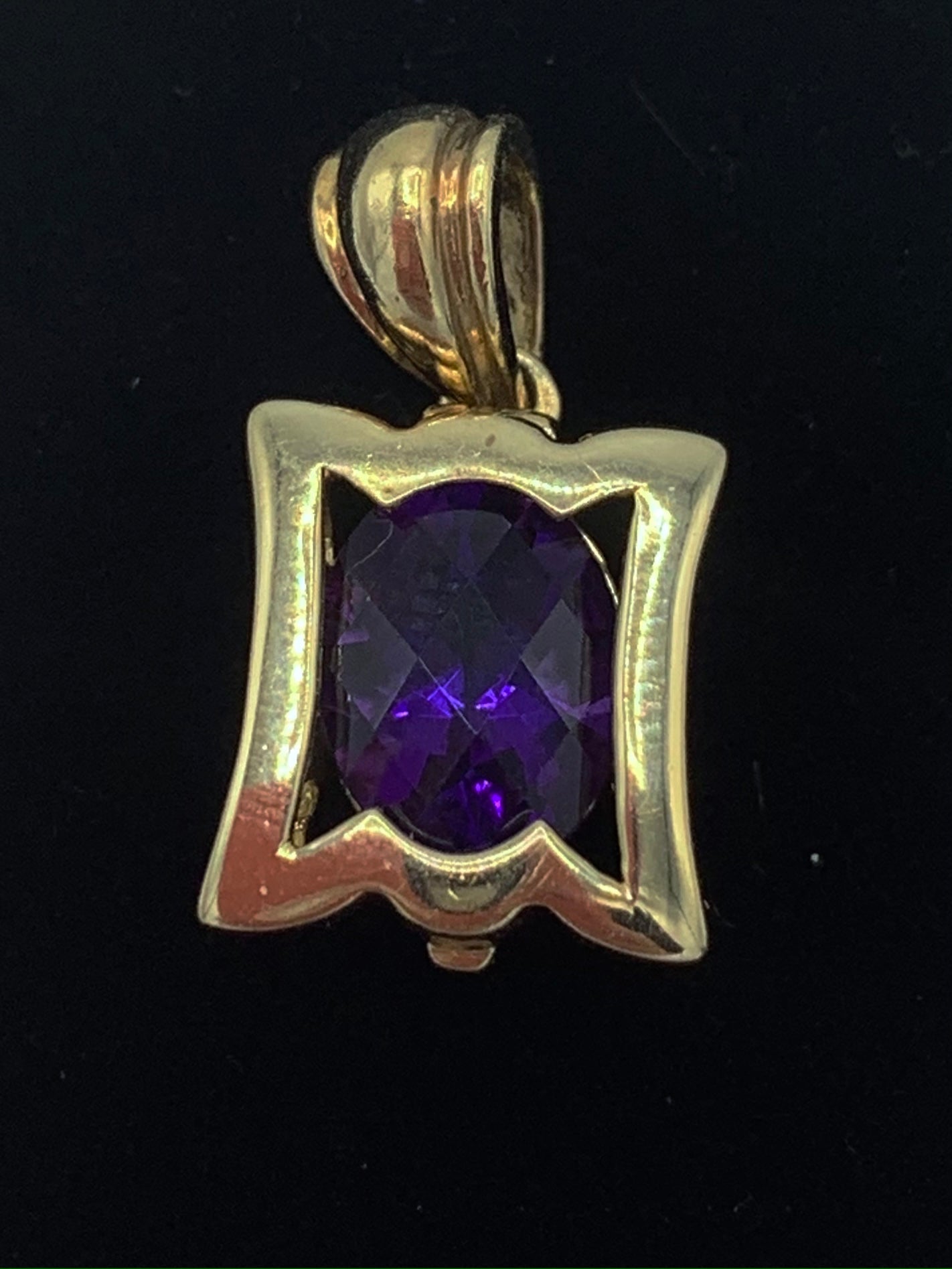 14K Yellow Gold Shadow Box Pendant with Checkboard Cut Genuine Amethyst