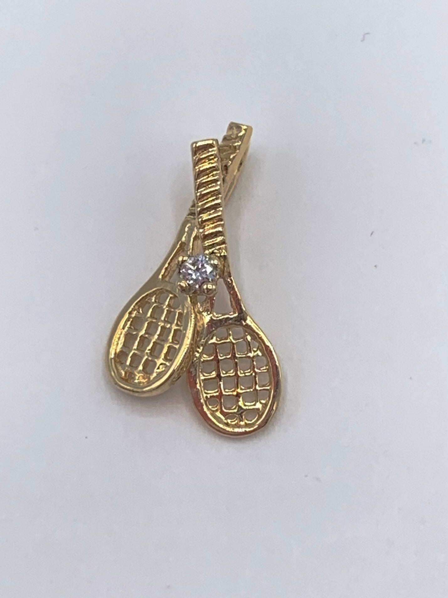 14K Yellow Gold Double Tennis Racket Pendant with Small Diamond