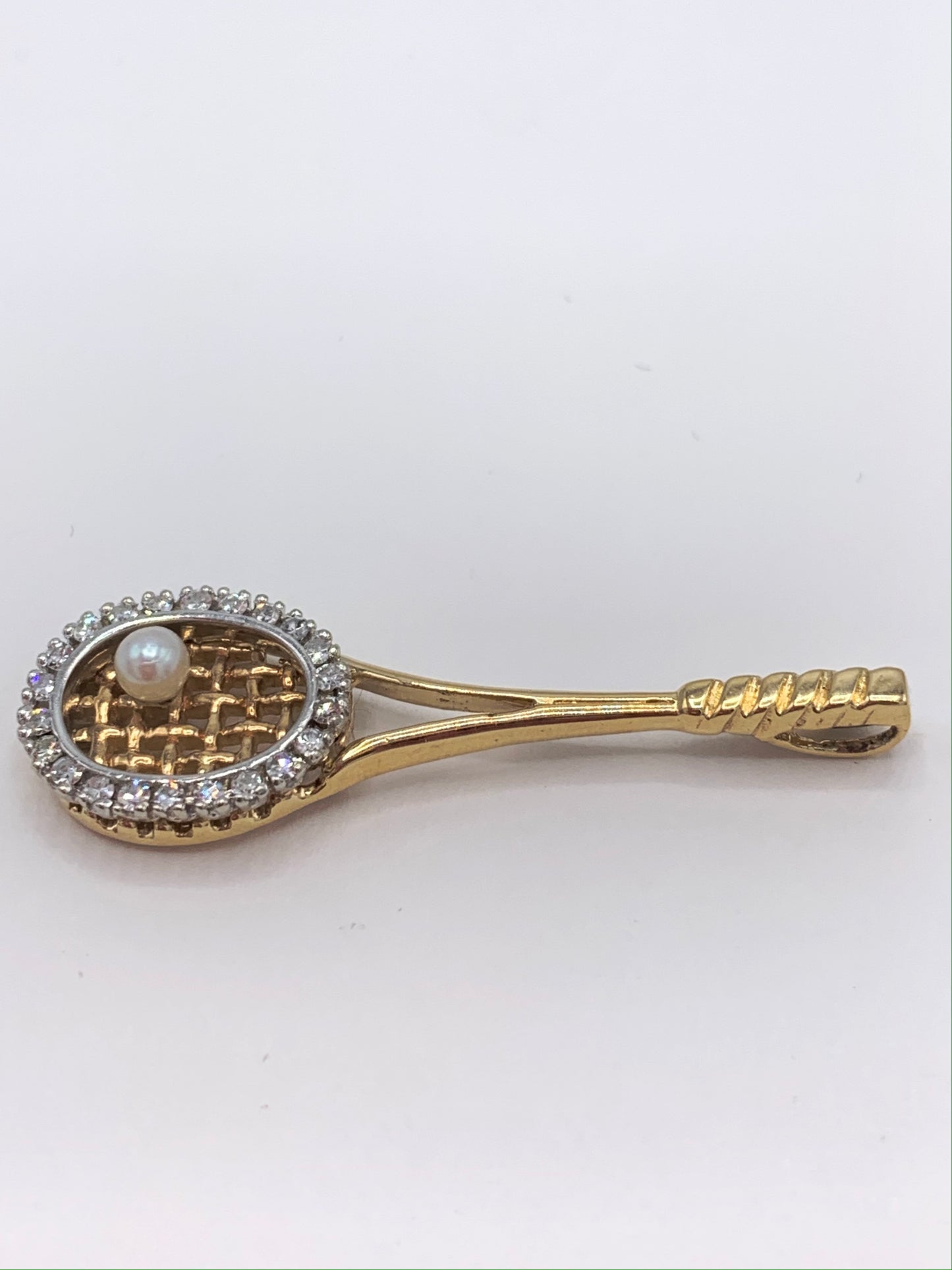 14K Yellow Gold Tennis Racket Pendant with .50 TCW Diamonds and One Pearl