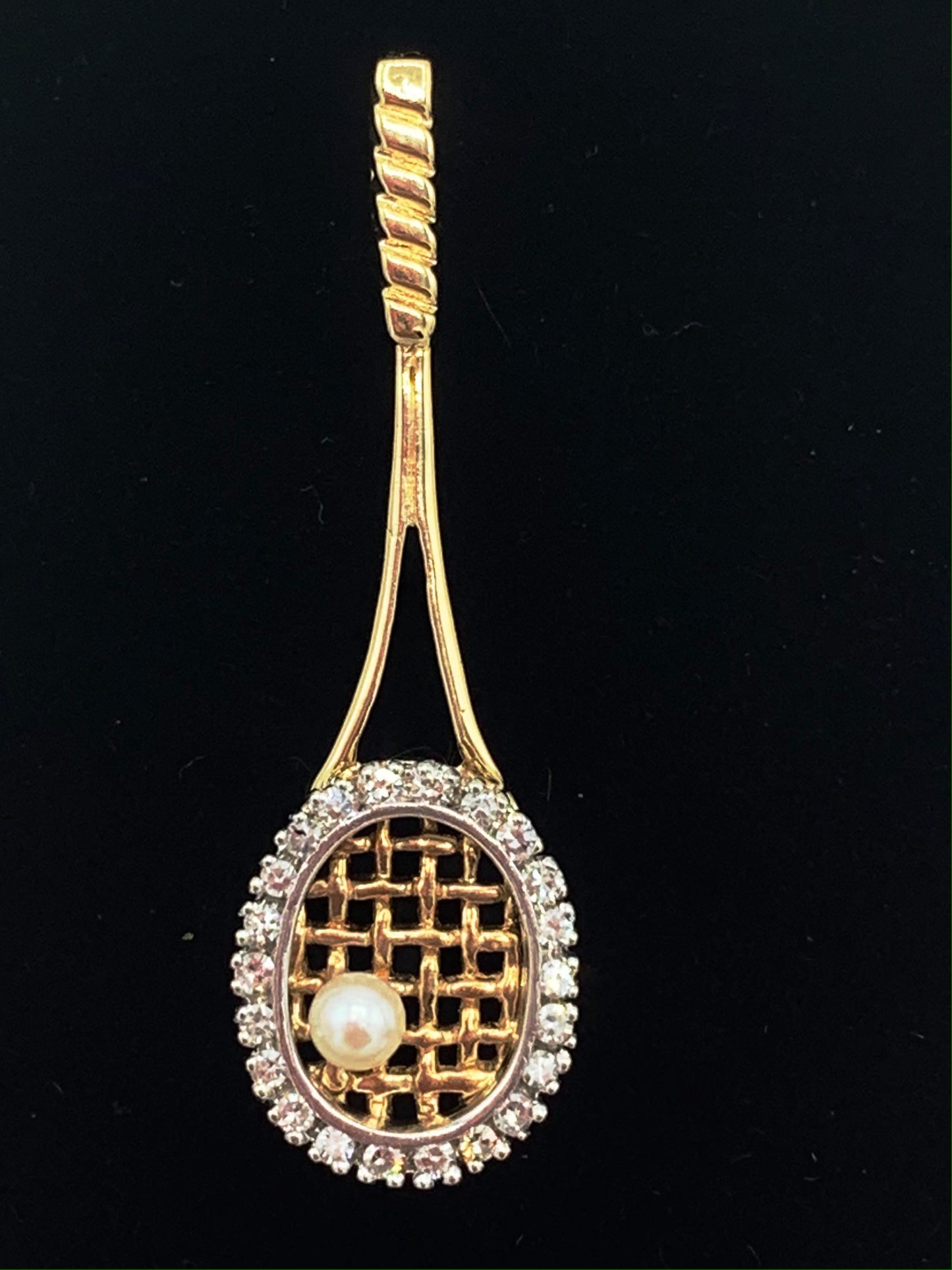 14K Yellow Gold Tennis Racket Pendant with .50 TCW Diamonds and One Pearl